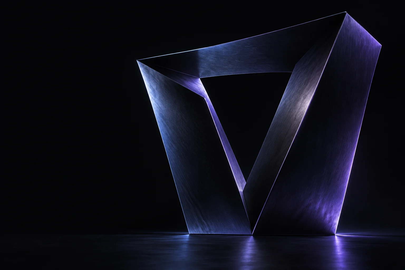 A sculptural black-metal portal edged in violet and cool blue light